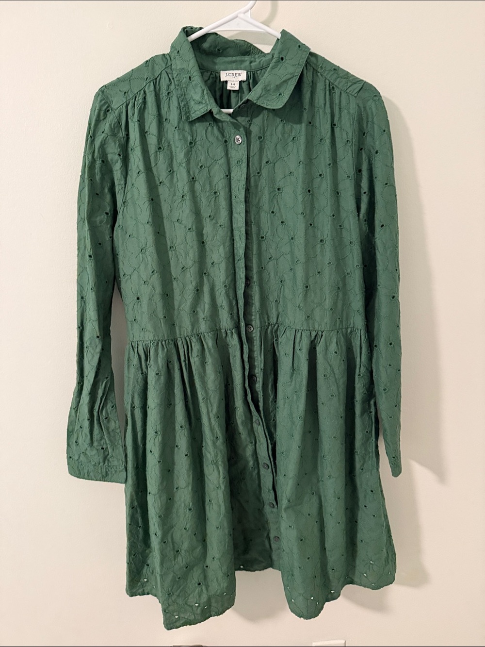 J. Crew Dark Green Eyelet Button-Front Shirt Dress